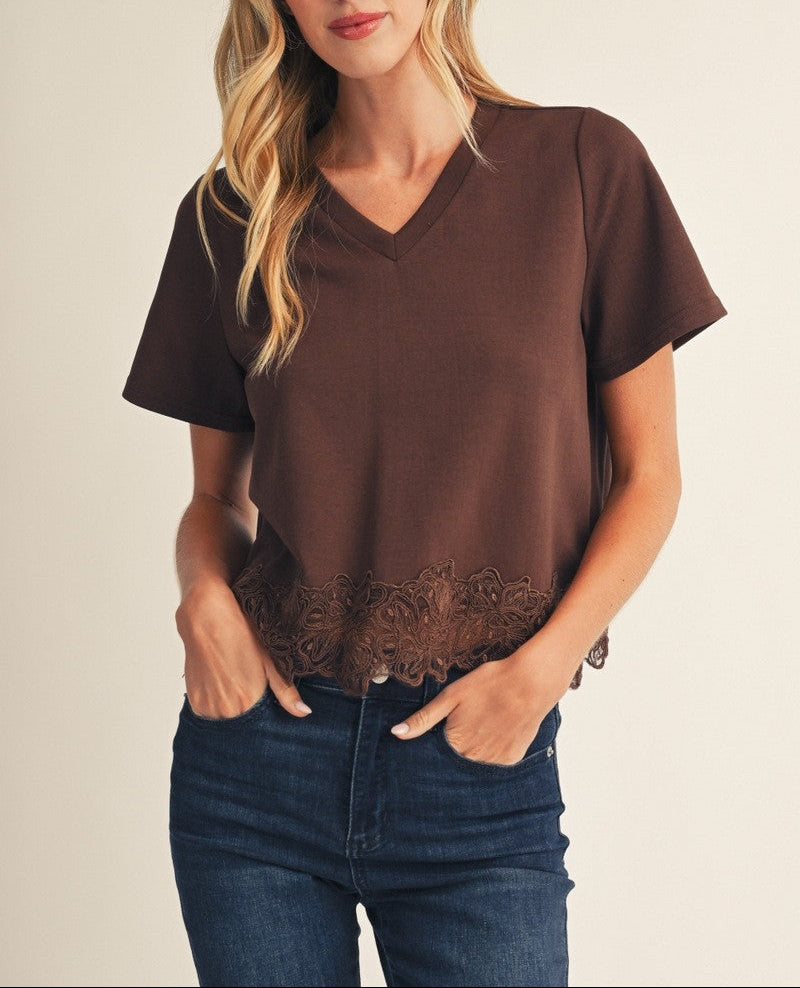 Stay Focused Lace Patch Hem Detail Solid Top - Brown
