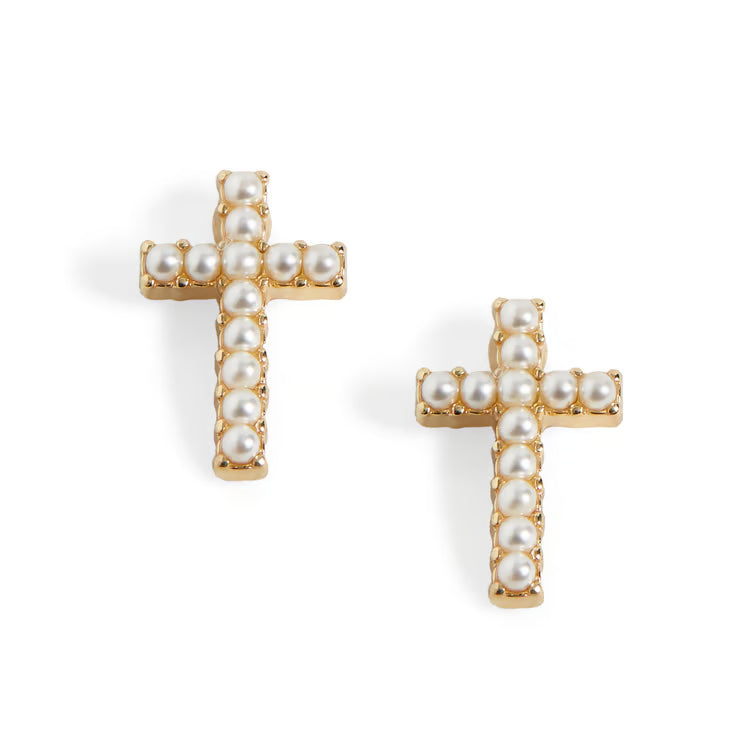 Whispers Small Cross w/ Pearls Stud Earrings - Gold