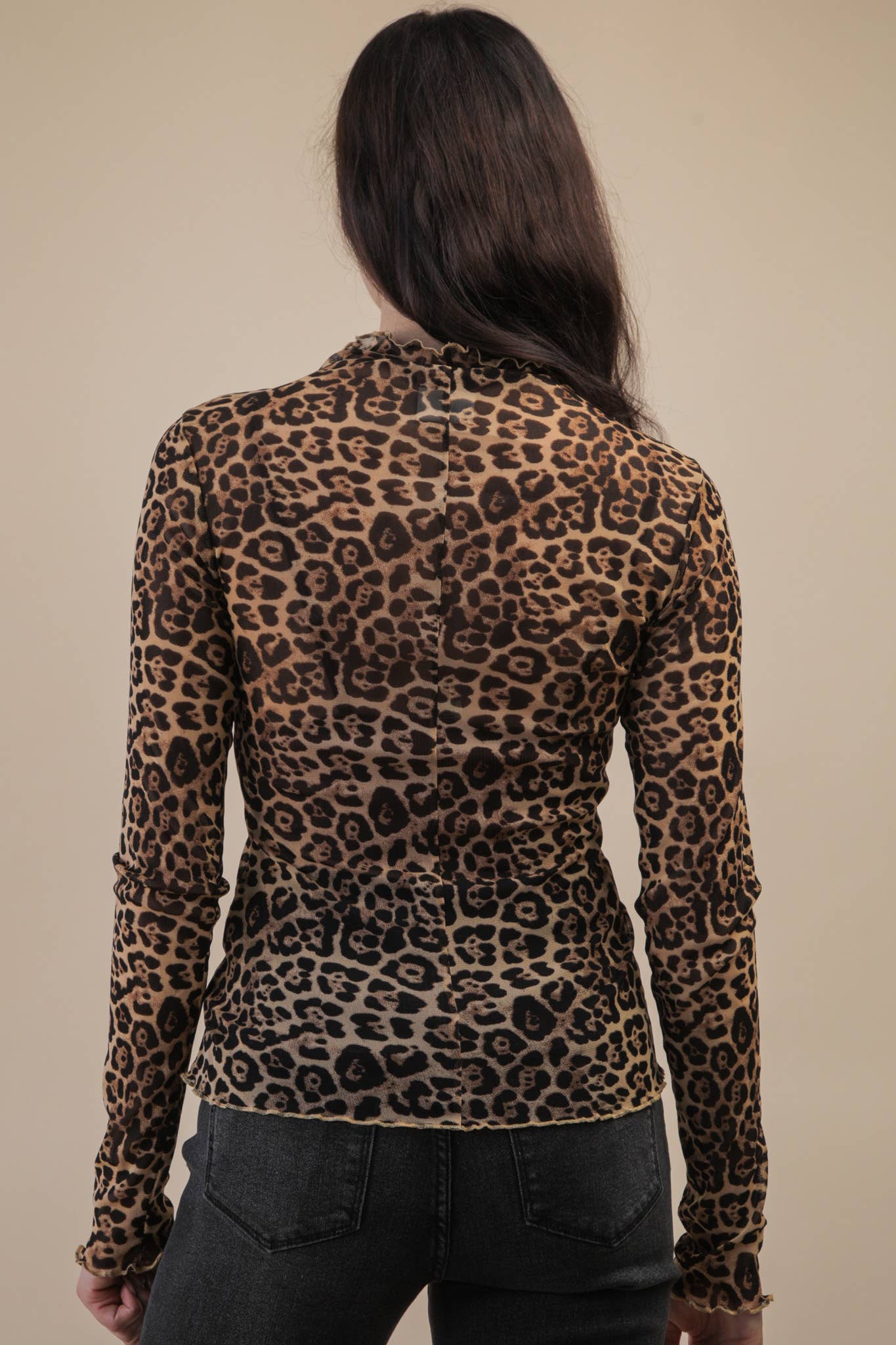 High Neck Fitted Sheer Lace Layering Top - Leopard
