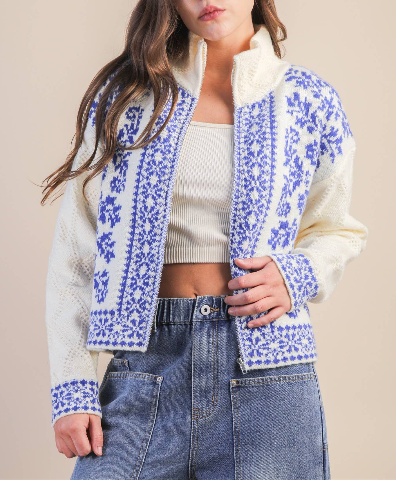 Inner Circle Graphic Knit Sweater Zip Up Cardigan - Blue