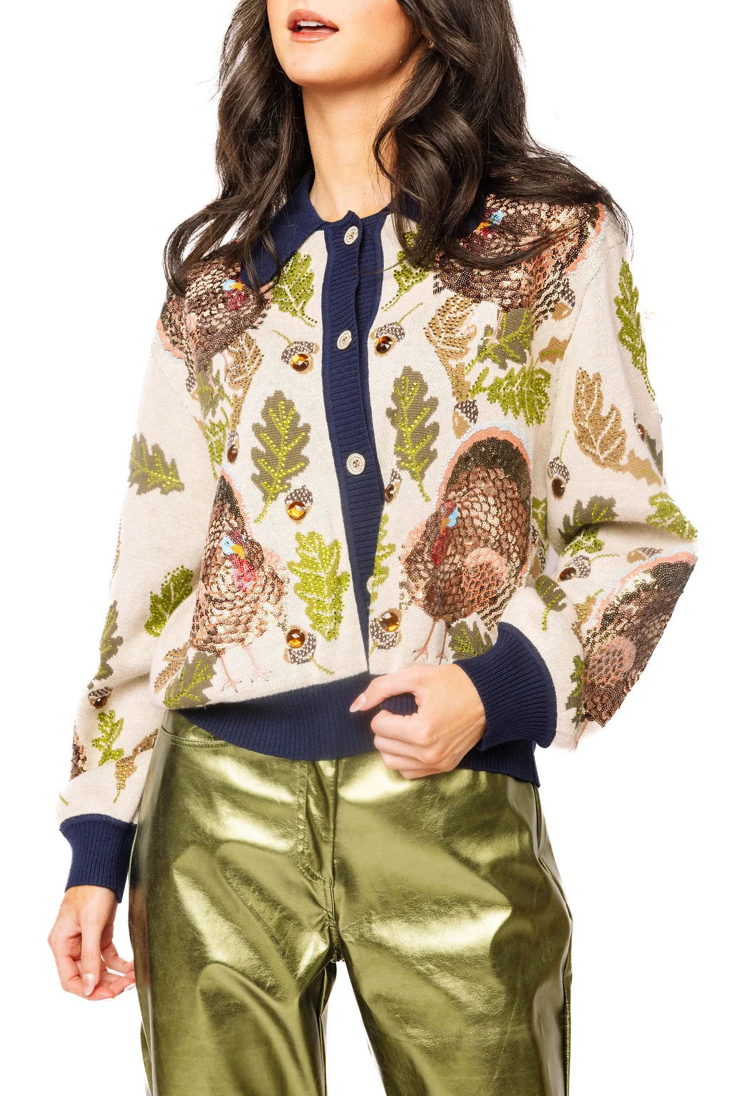 Queen of Sparkles Trim Button Up Turkey, Leaf & Acorn Button Up Cardigan
