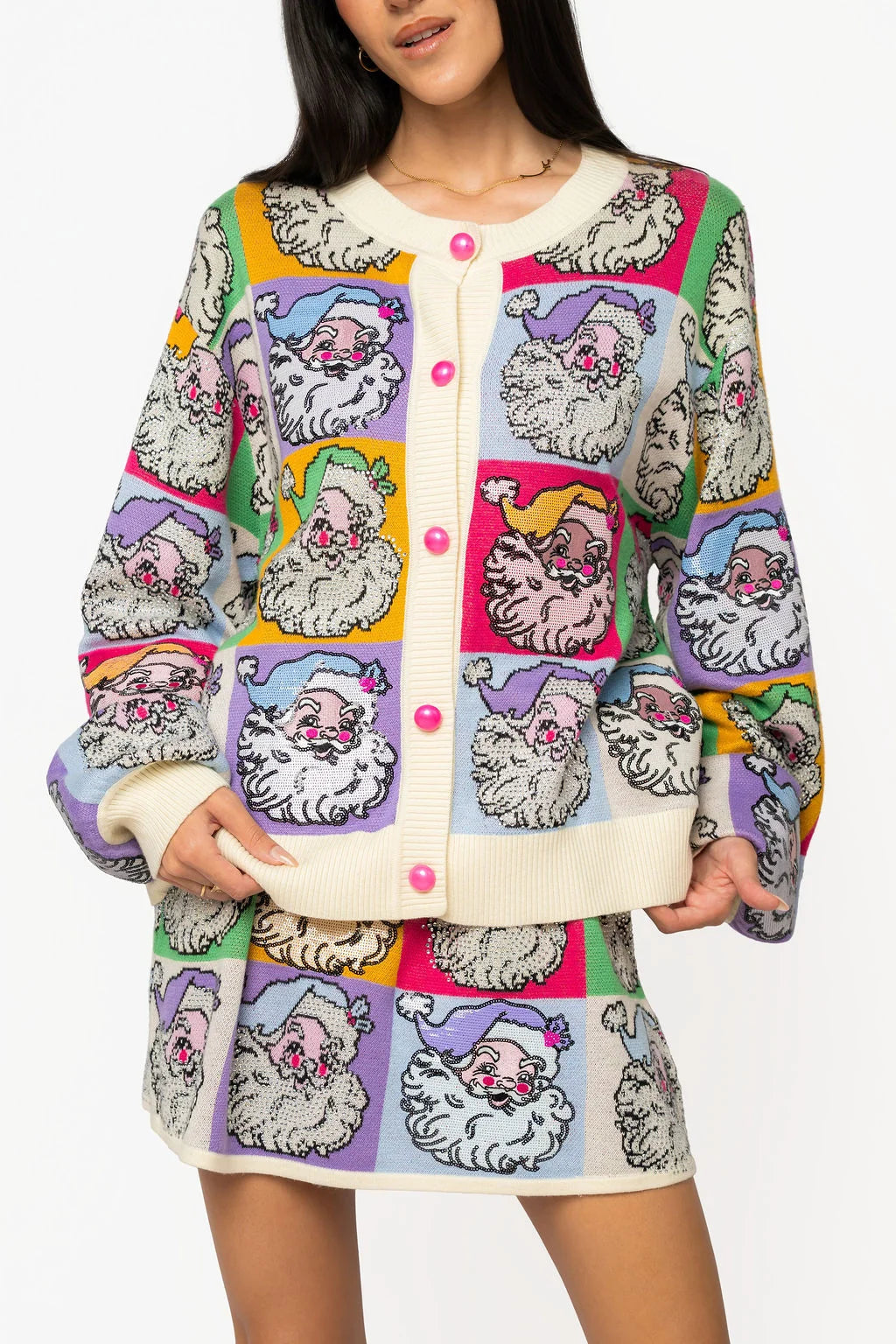 Queen of Sparkles Pastel Colorblock Santa Button Up Cardigan