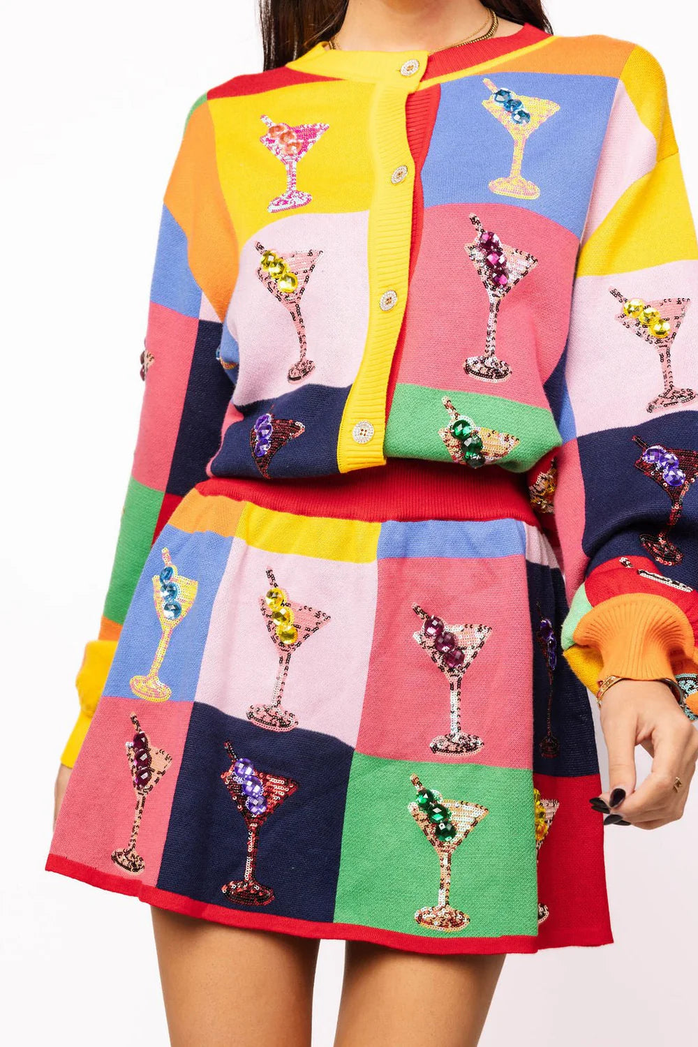 Queen Of Sparkles Multi Checkered Cosmo Button Up Sweater