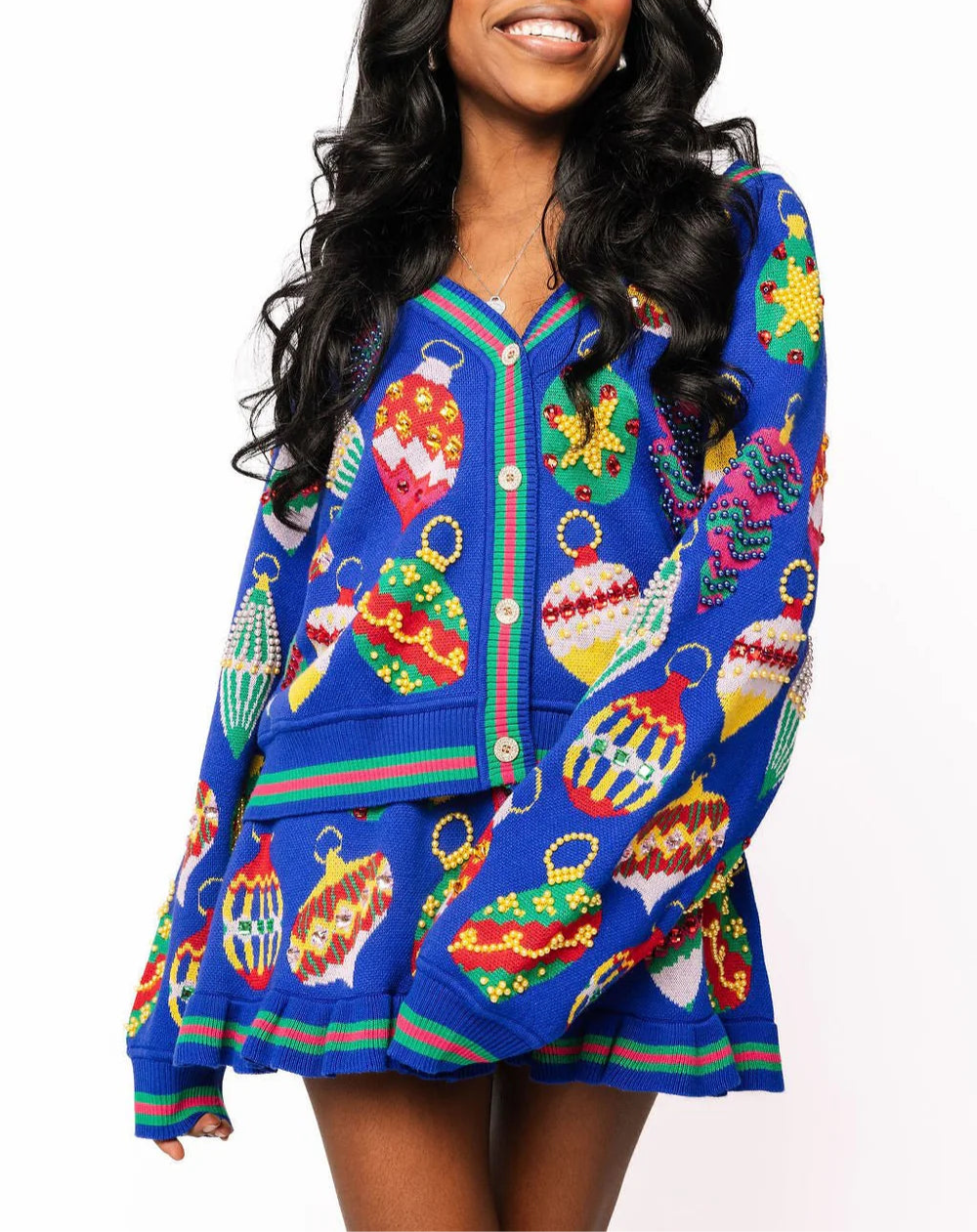 Queen Of Sparkles Royal Blue Multi Jeweled Ornament Button Up Cardigan