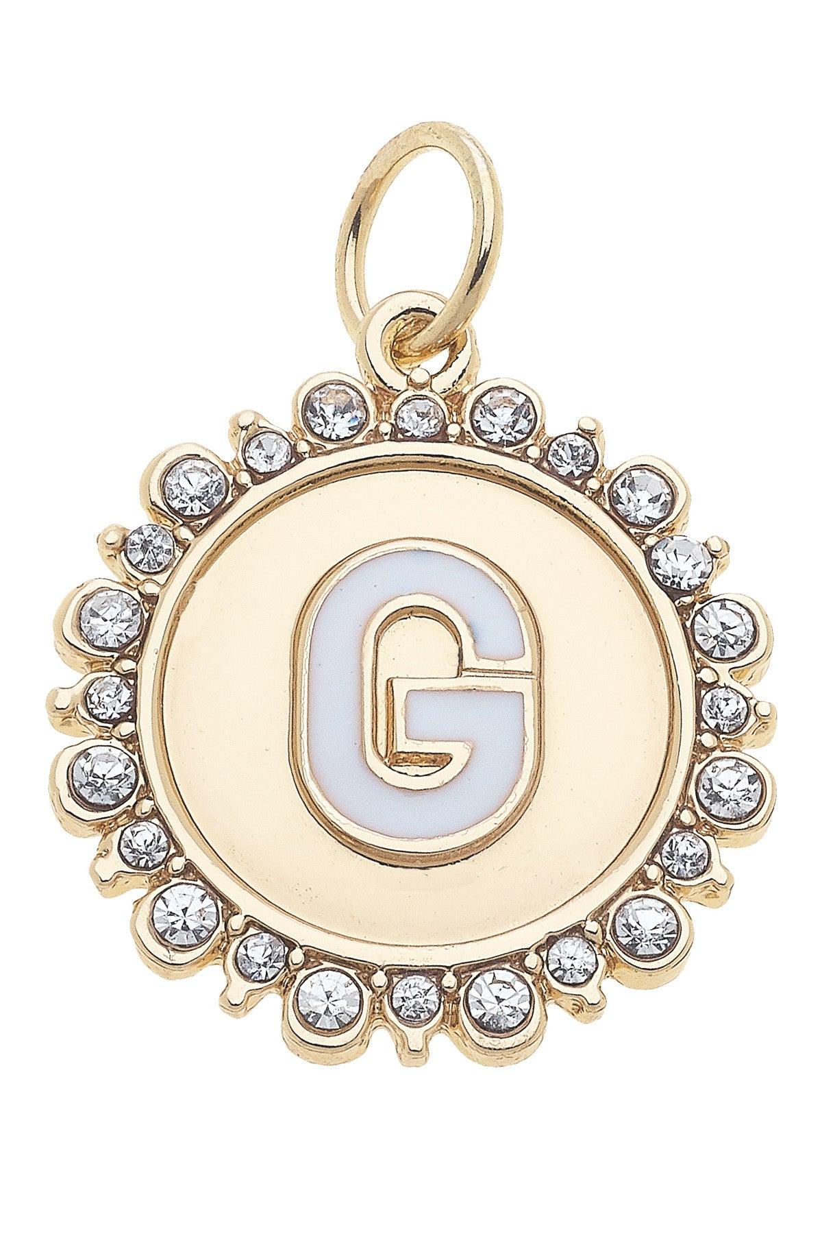 Rhinestone-Studded Enamel Letter Disc Charms in Shiny Gold