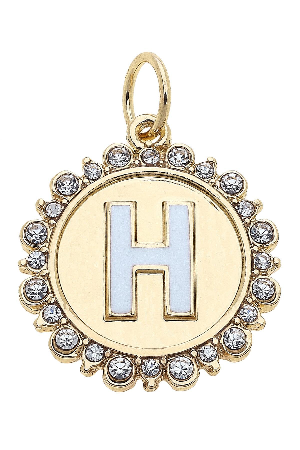 Rhinestone-Studded Enamel Letter Disc Charms in Shiny Gold