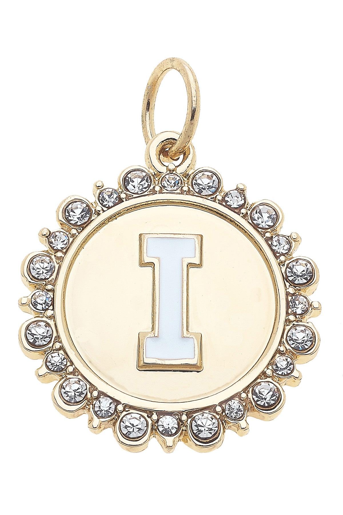 Rhinestone-Studded Enamel Letter Disc Charms in Shiny Gold