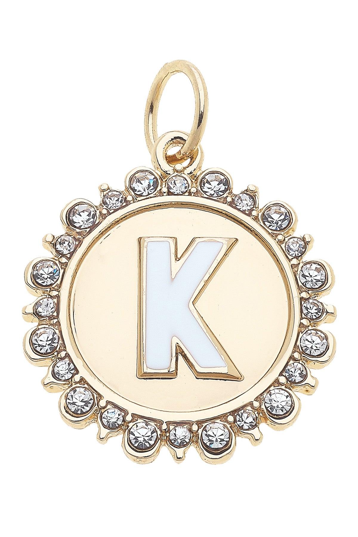 Rhinestone-Studded Enamel Letter Disc Charms in Shiny Gold