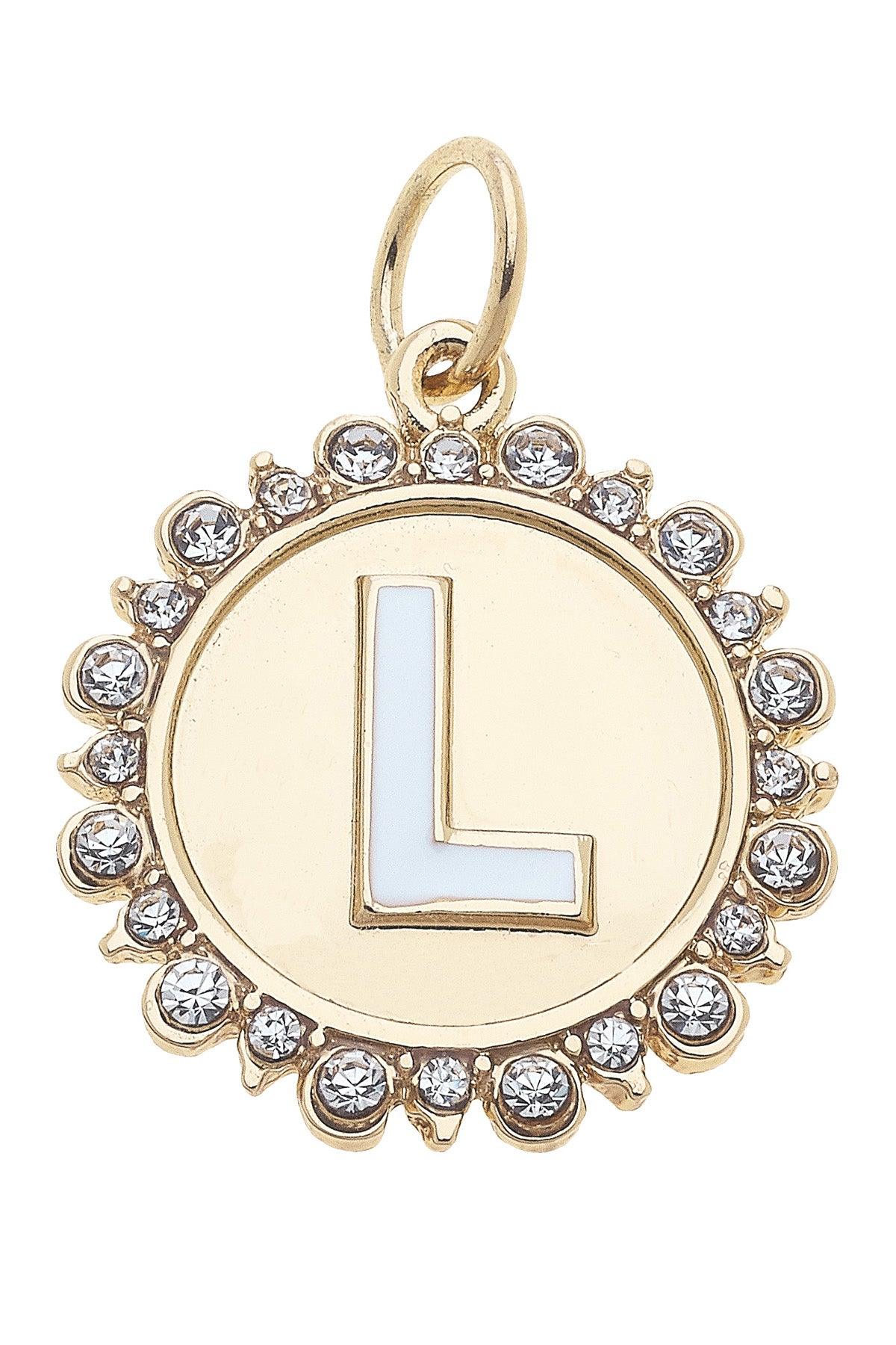 Rhinestone-Studded Enamel Letter Disc Charms in Shiny Gold