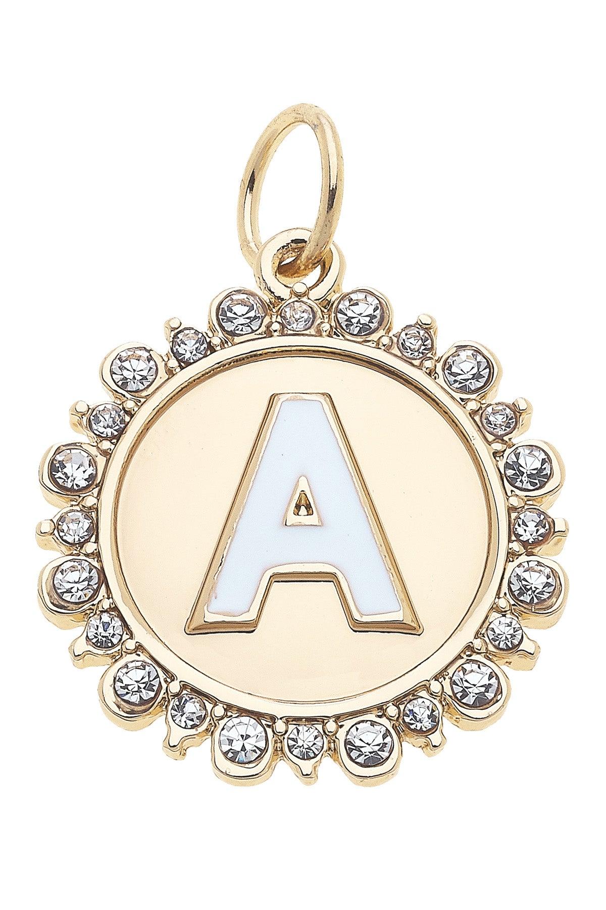 Rhinestone-Studded Enamel Letter Disc Charms in Shiny Gold