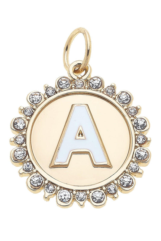 Rhinestone-Studded Enamel Letter Disc Charms in Shiny Gold