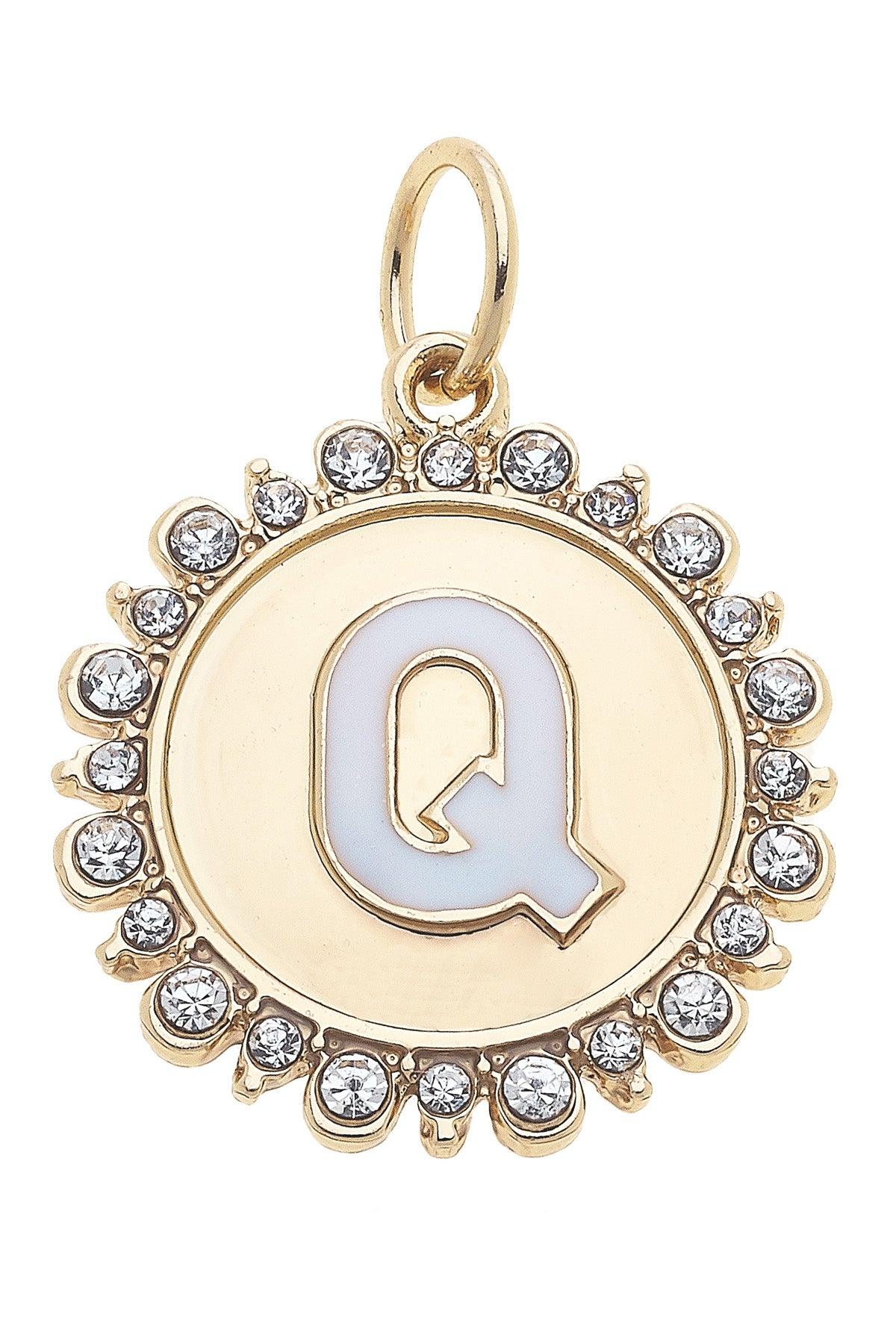 Rhinestone-Studded Enamel Letter Disc Charms in Shiny Gold