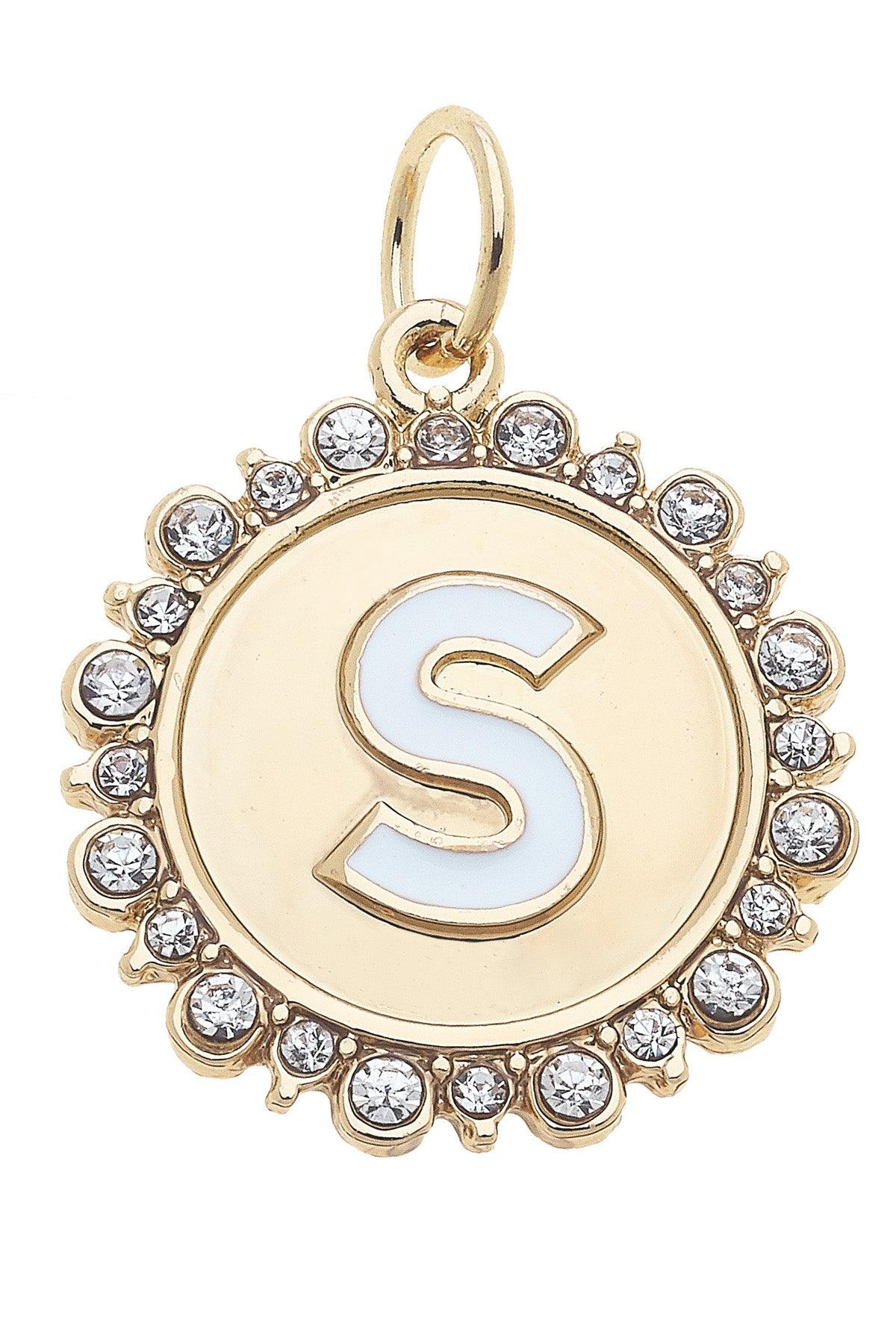 Rhinestone-Studded Enamel Letter Disc Charms in Shiny Gold