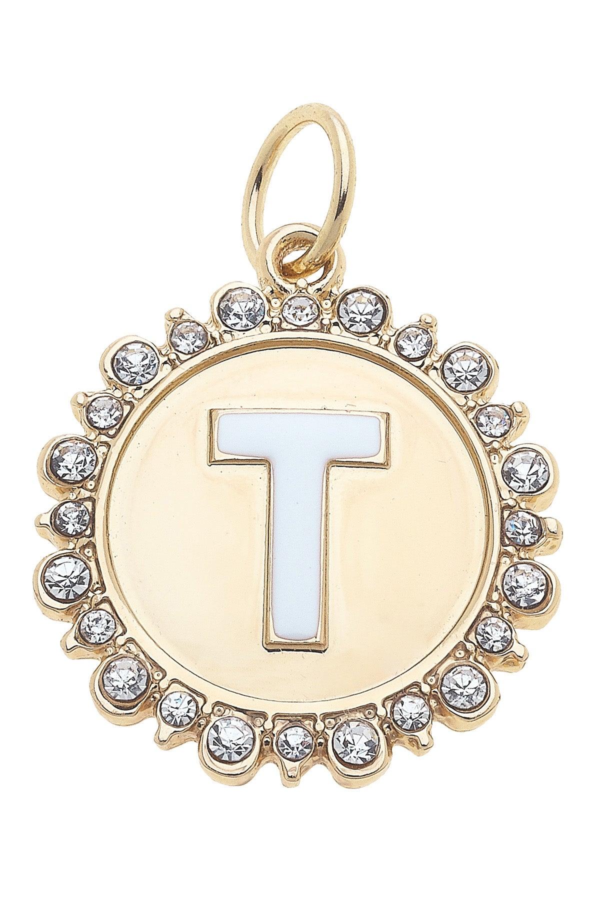 Rhinestone-Studded Enamel Letter Disc Charms in Shiny Gold