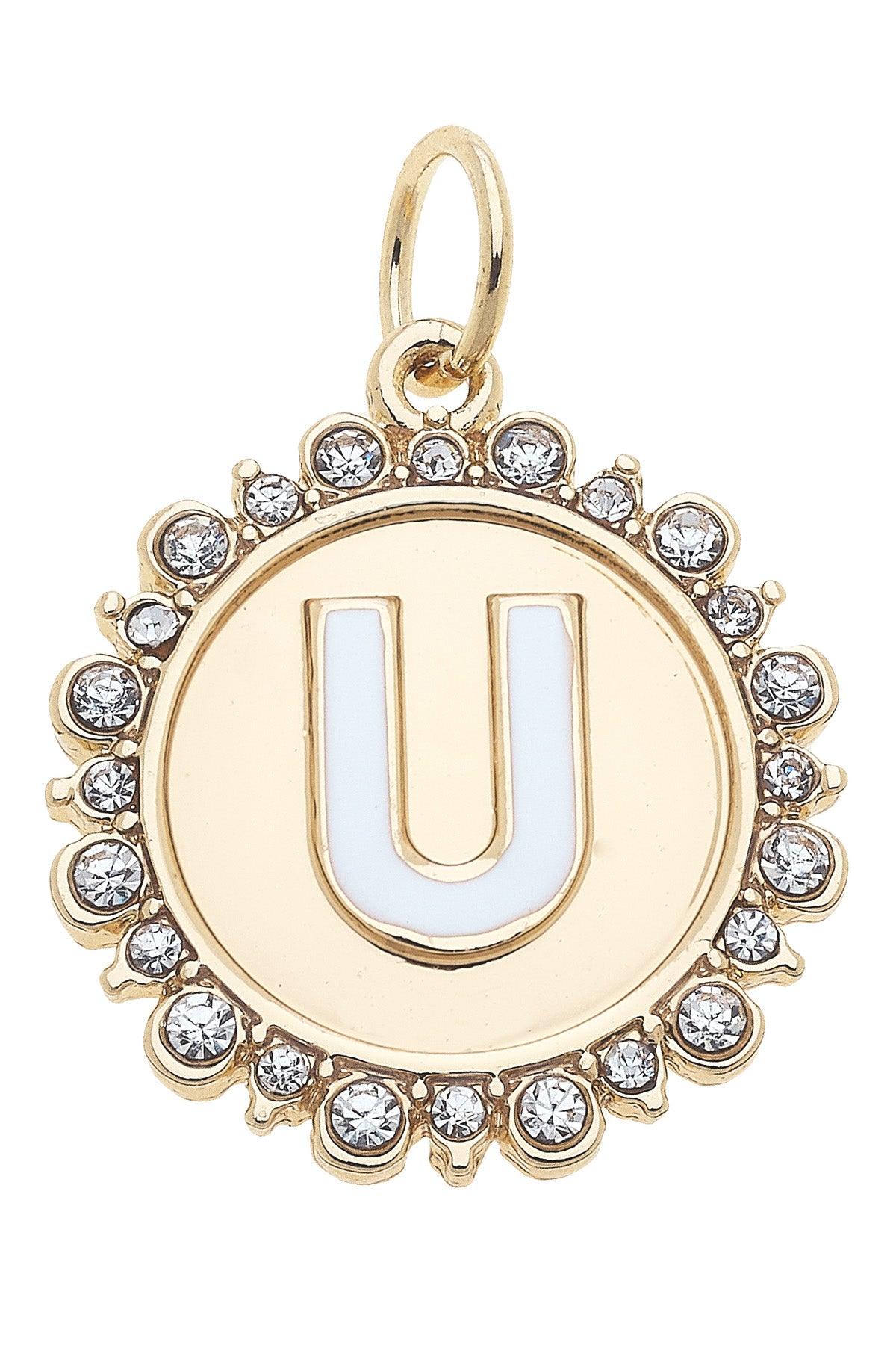 Rhinestone-Studded Enamel Letter Disc Charms in Shiny Gold