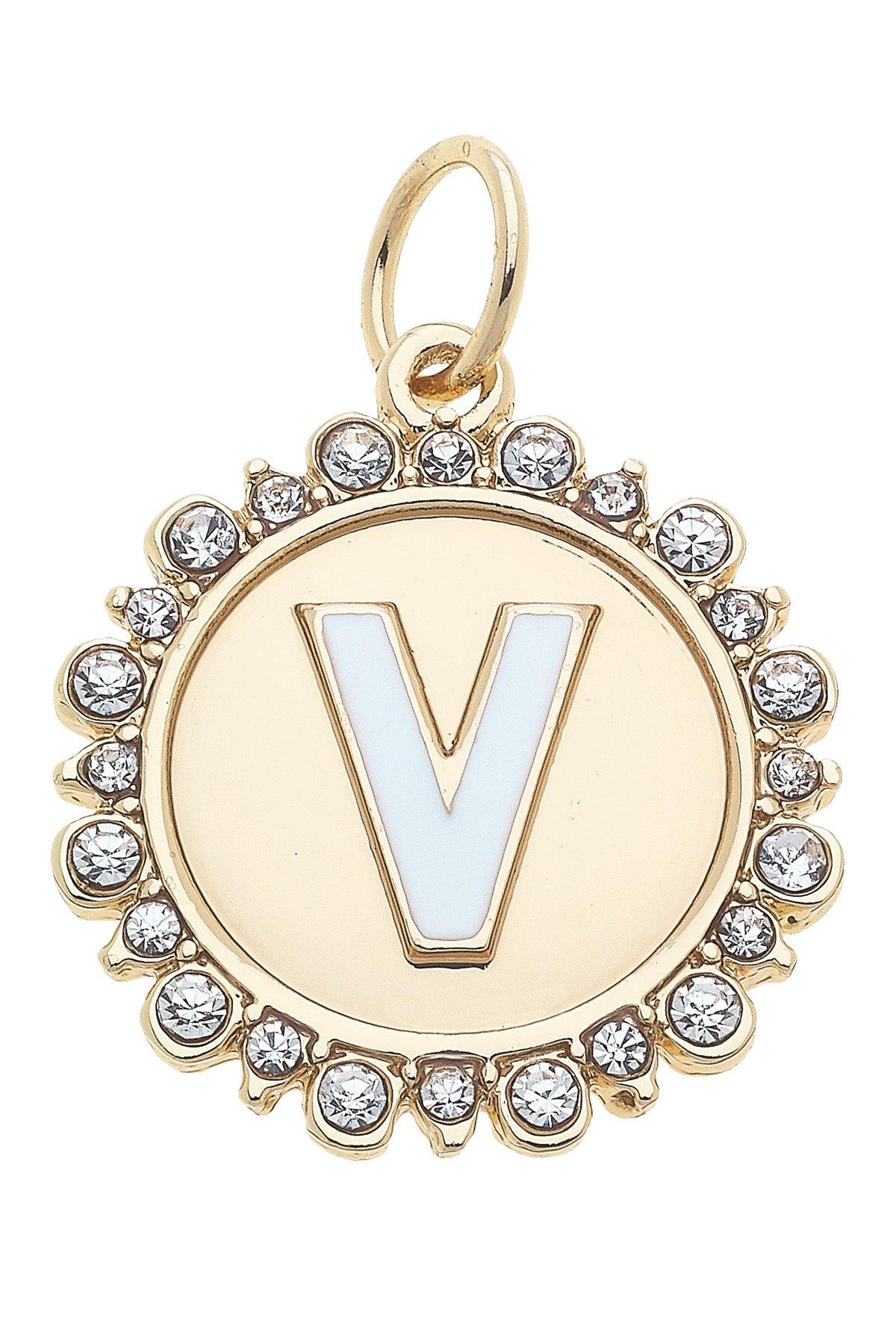 Rhinestone-Studded Enamel Letter Disc Charms in Shiny Gold