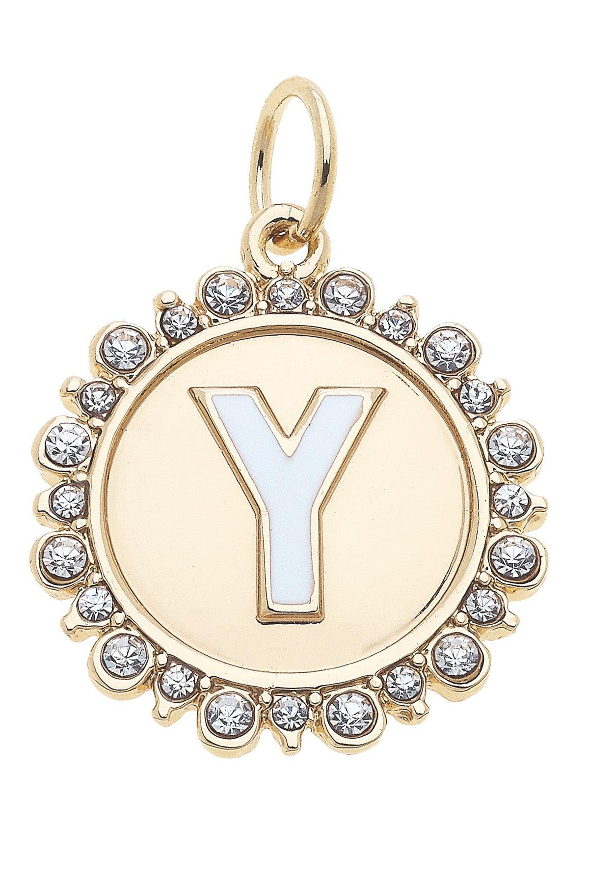 Rhinestone-Studded Enamel Letter Disc Charms in Shiny Gold