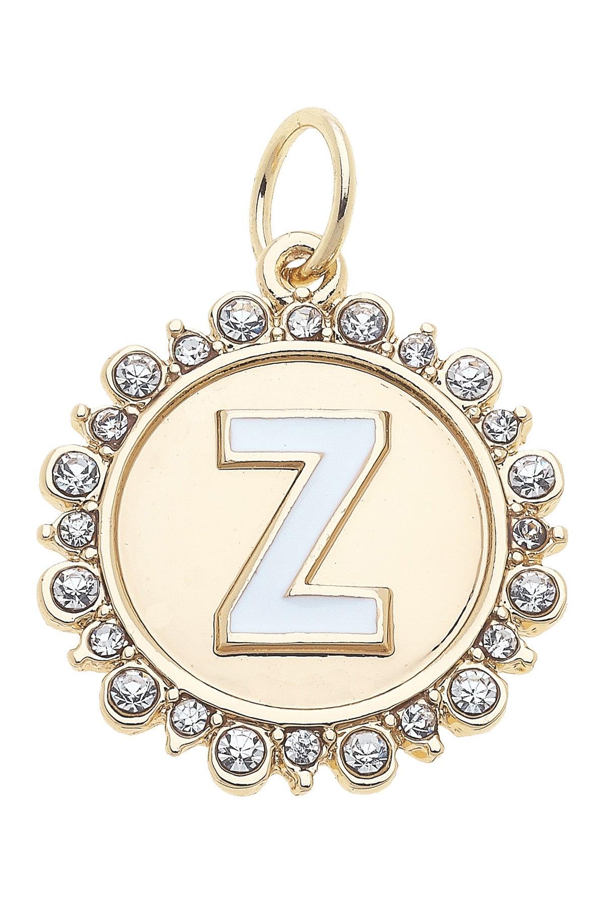 Rhinestone-Studded Enamel Letter Disc Charms in Shiny Gold
