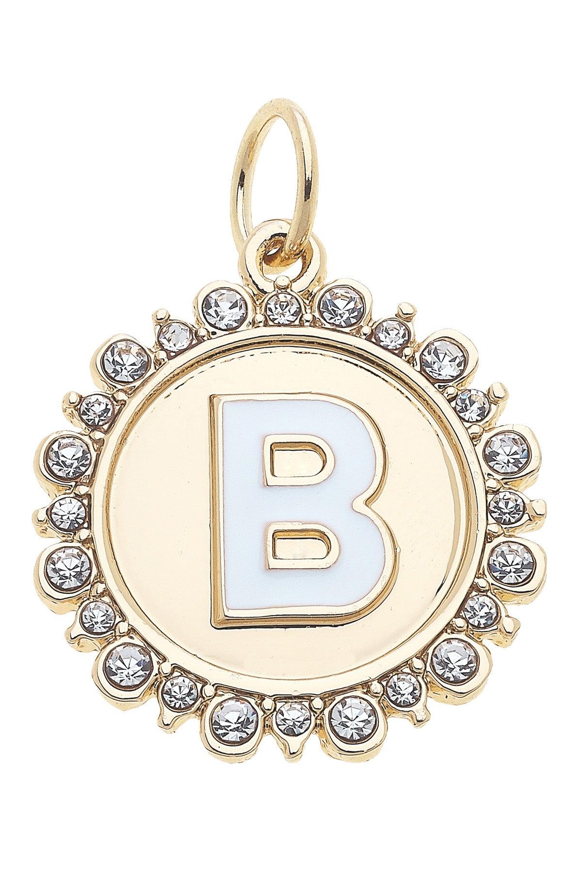 Rhinestone-Studded Enamel Letter Disc Charms in Shiny Gold
