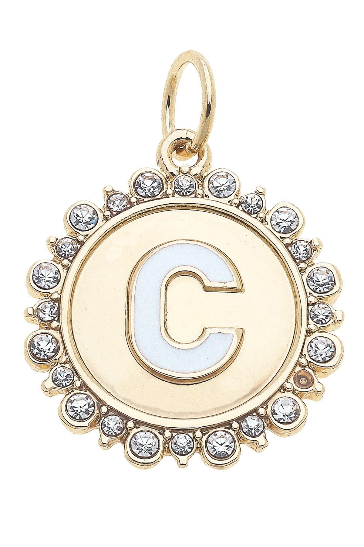 Rhinestone-Studded Enamel Letter Disc Charms in Shiny Gold