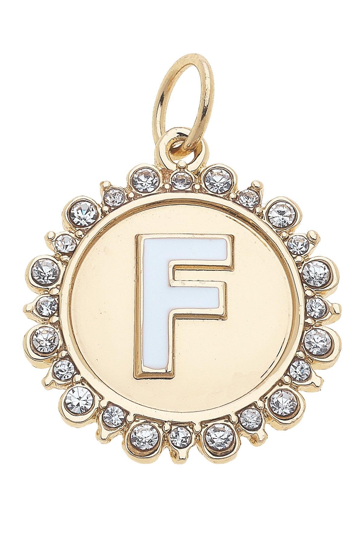 Rhinestone-Studded Enamel Letter Disc Charms in Shiny Gold