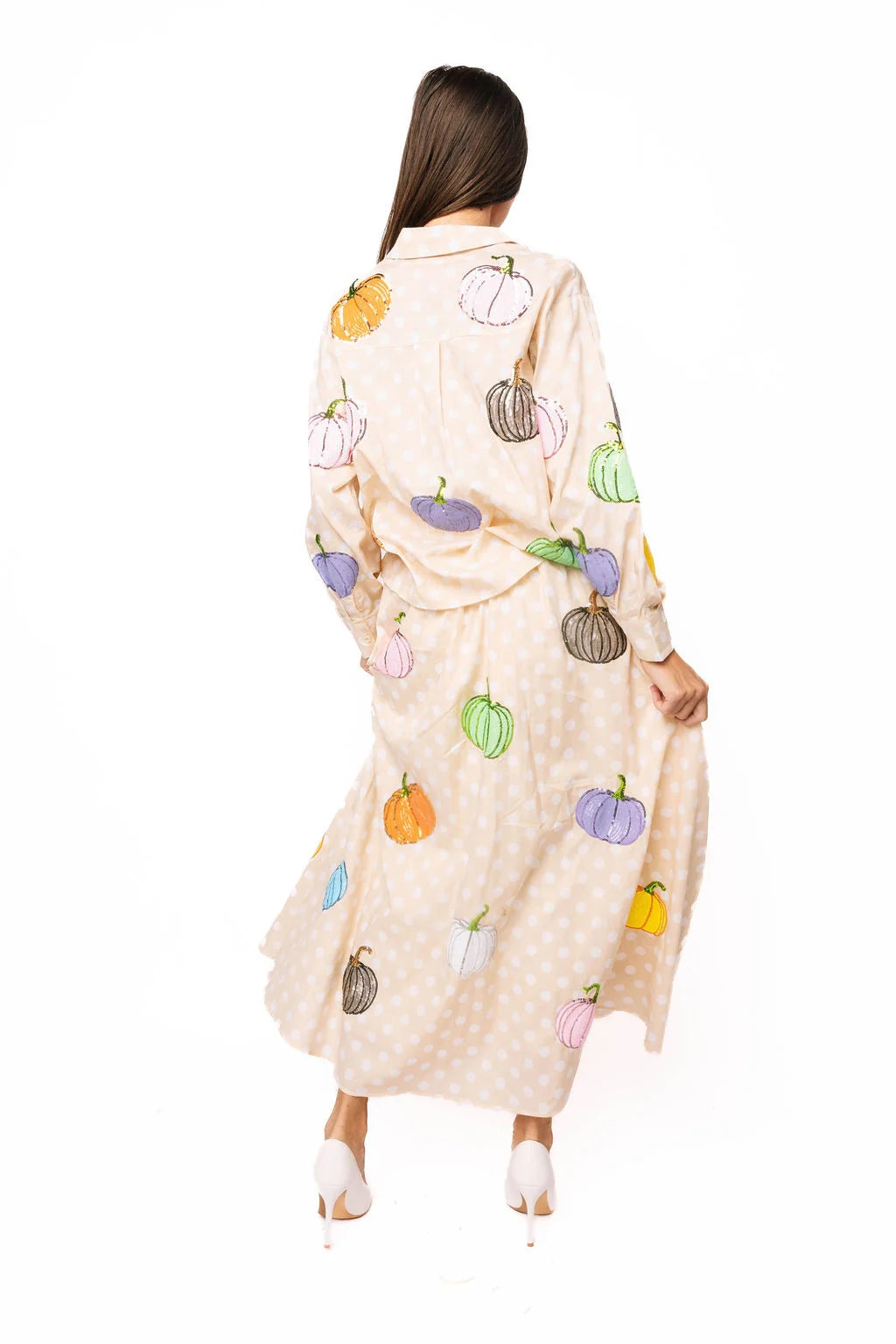 Queen of Sparkles Beige & White Polkadot Multi Pumpkin Cotton Button Up Top
