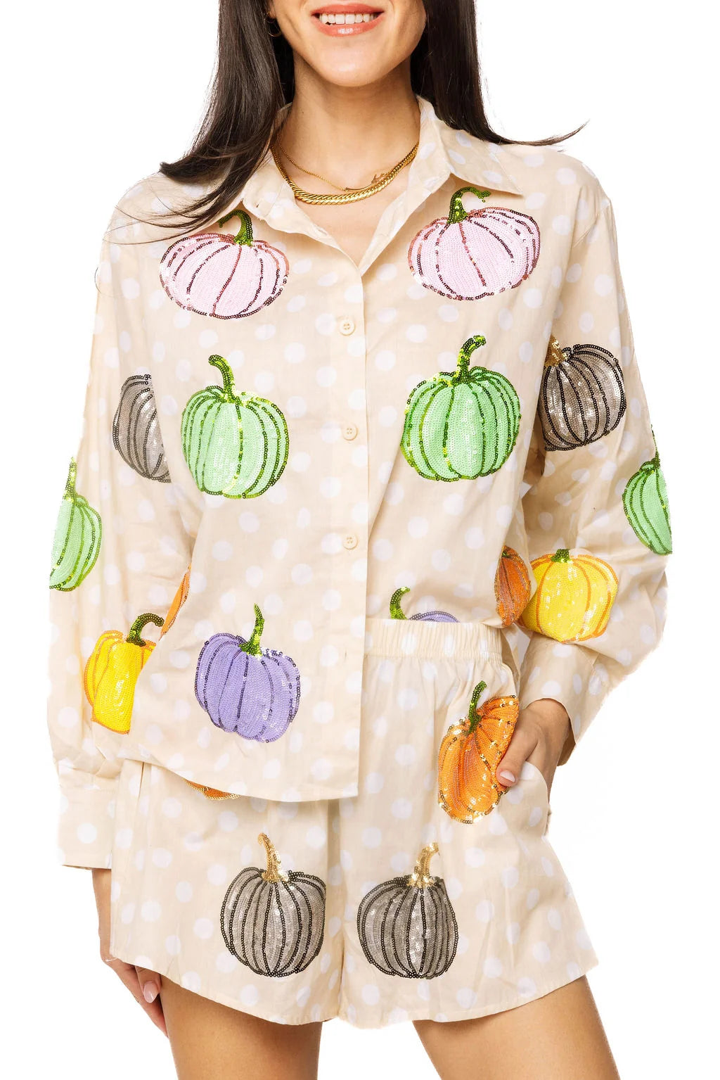 Queen of Sparkles Beige & White Polkadot Multi Pumpkin Cotton Button Up Top