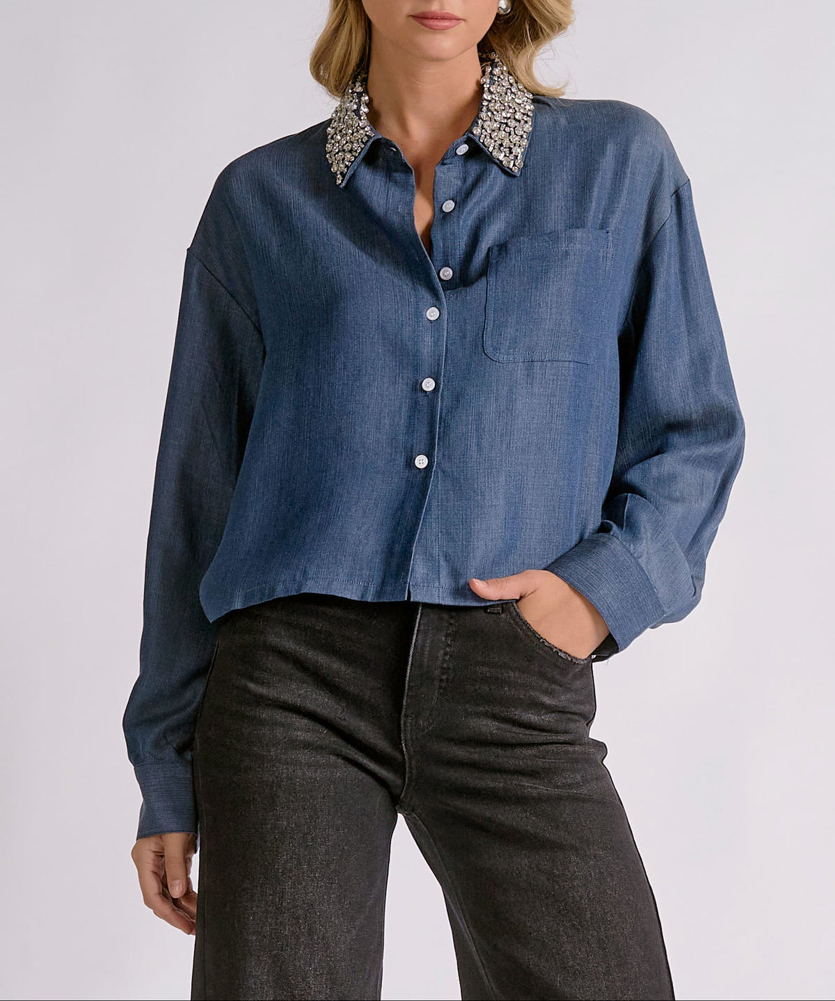 A Little Sparkle Embellished Collar Top — Denim