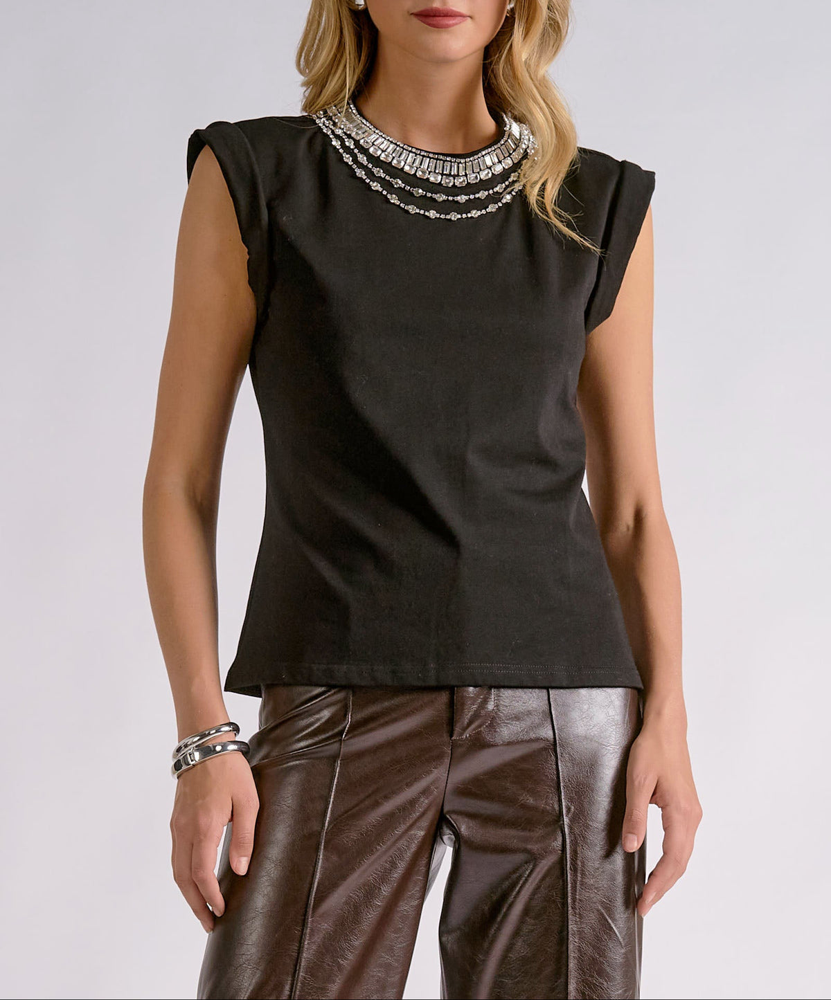 Midnight Wishes Embellished Neck Top — Black