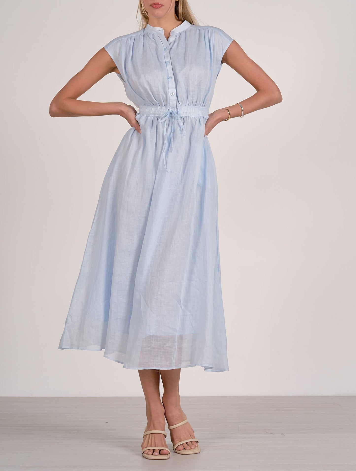 Elan Short Sleeve Tie Waist Midi Dress - Light Blue