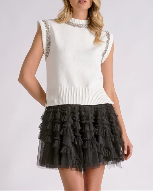 Pearl of the Party Cap Sleeve Sweater — White