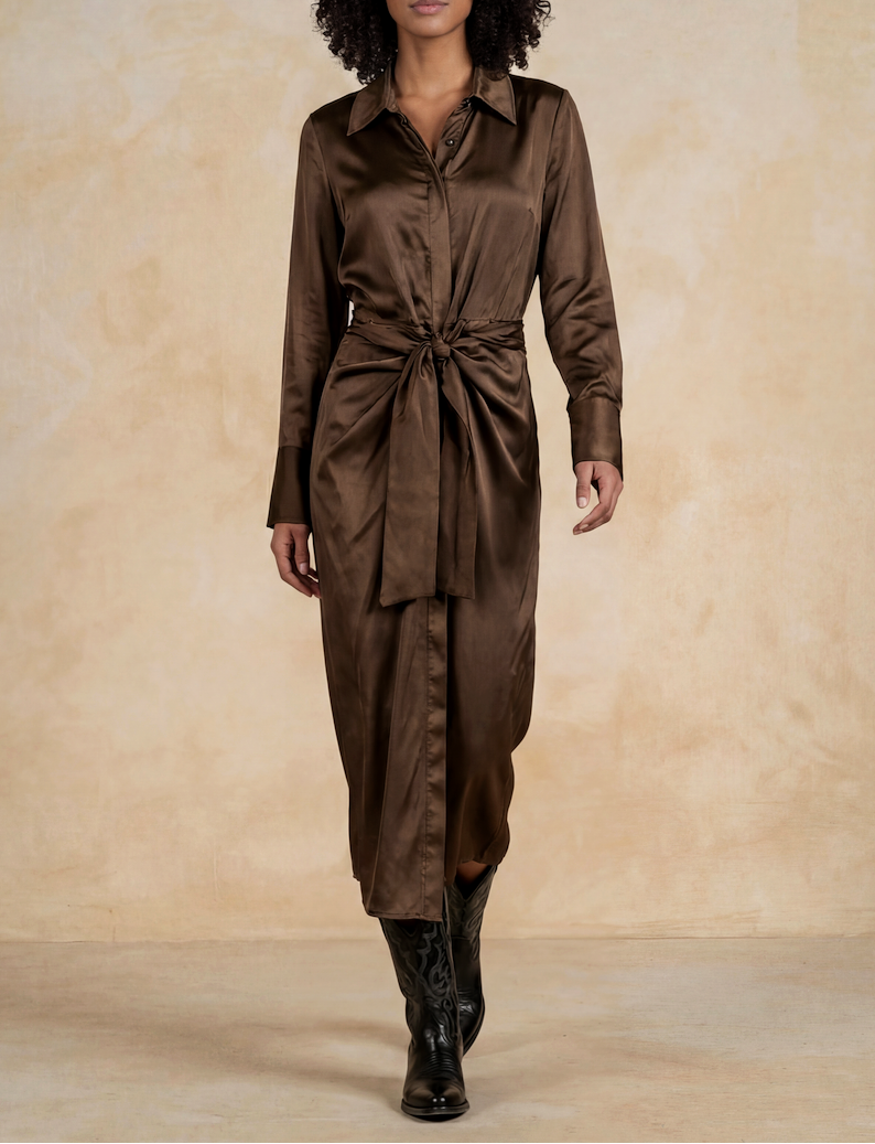 Elan Front Tie Long Sleeve Maxi Dress - Brown