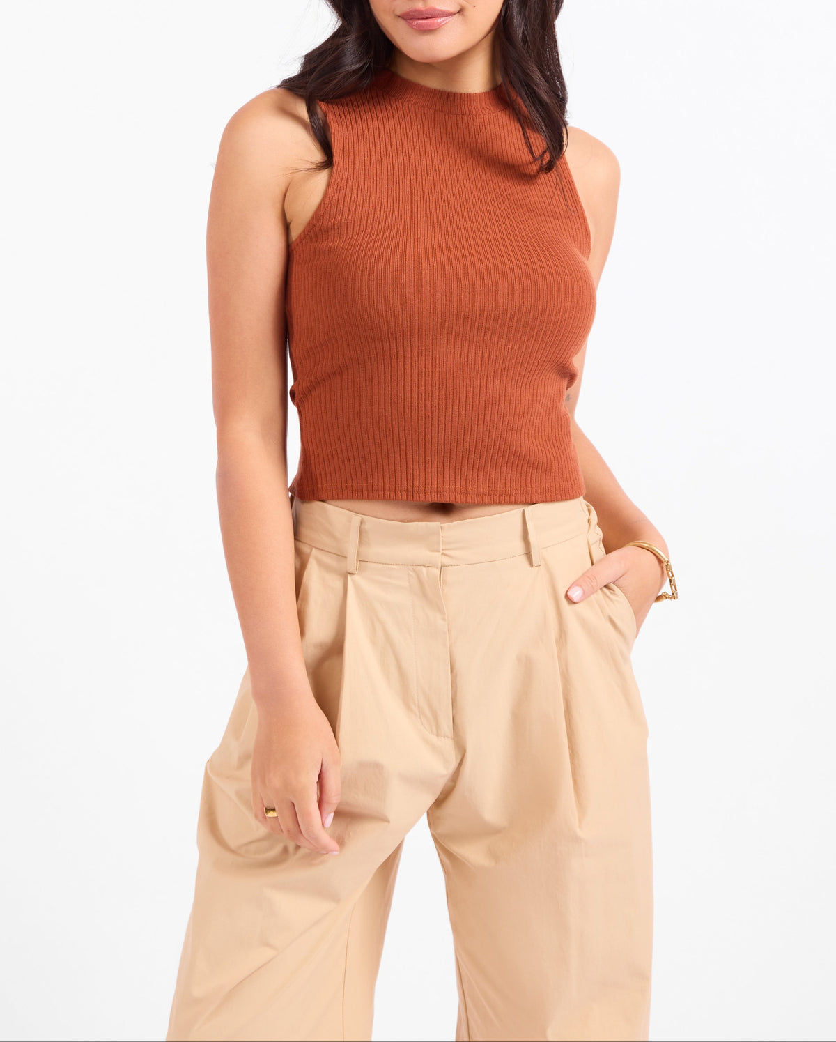 Soft Cedar Ruched Knit Tank - Rust