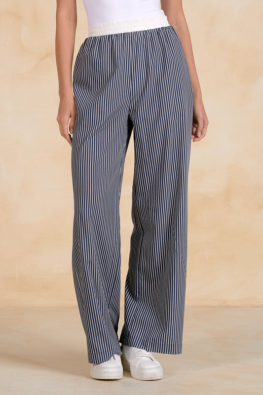Elan Elastic Waistband Pant - Blue Stripe