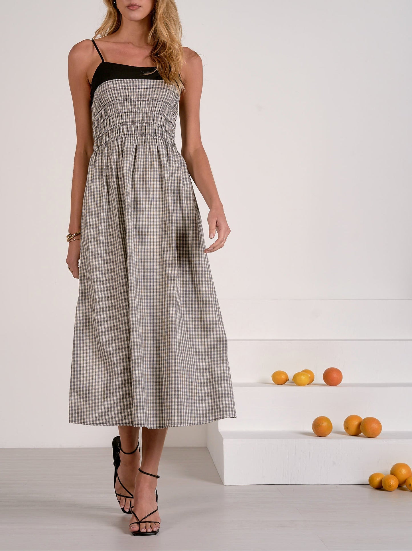 Elan Spagetti Strap Colorblock Maxi Dress - White Gingham