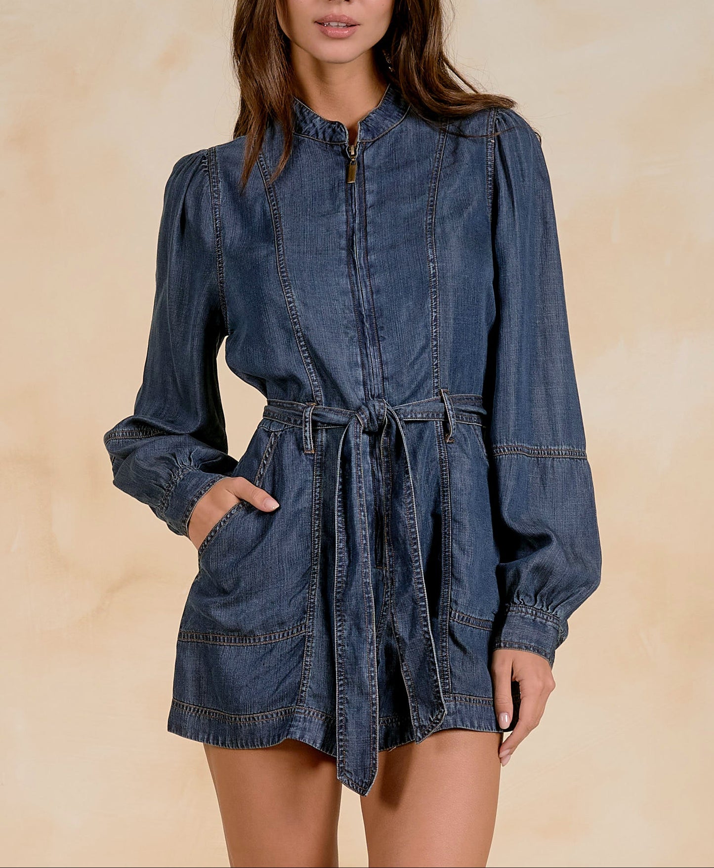 Wipe Out Long Sleeve Tie Waist Romper - Navy Wash