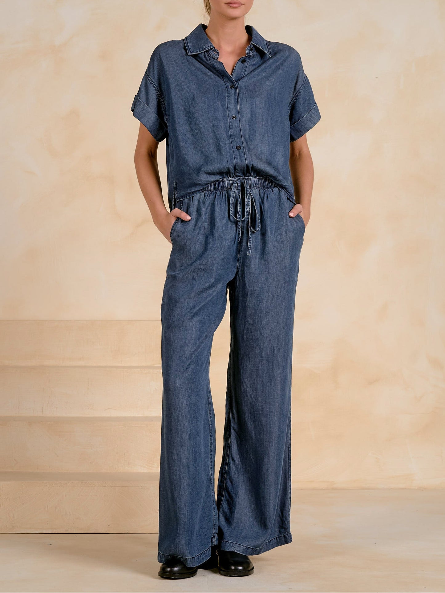 Sneak Peak Wide Leg Short Sleeve Jumper - Navy Wash