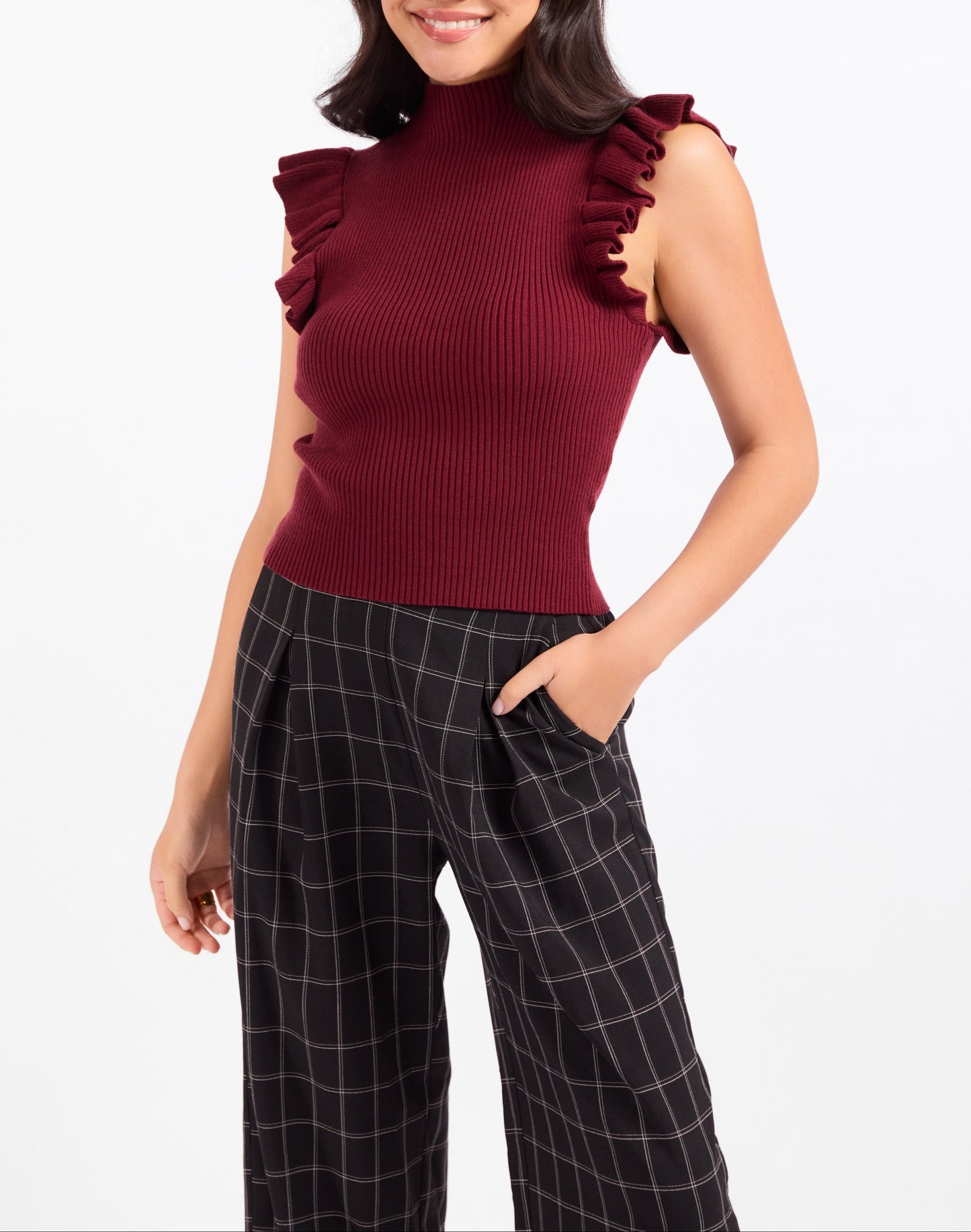 Tiffany Mockneck Ruffle Tank Sweater - Burgundy