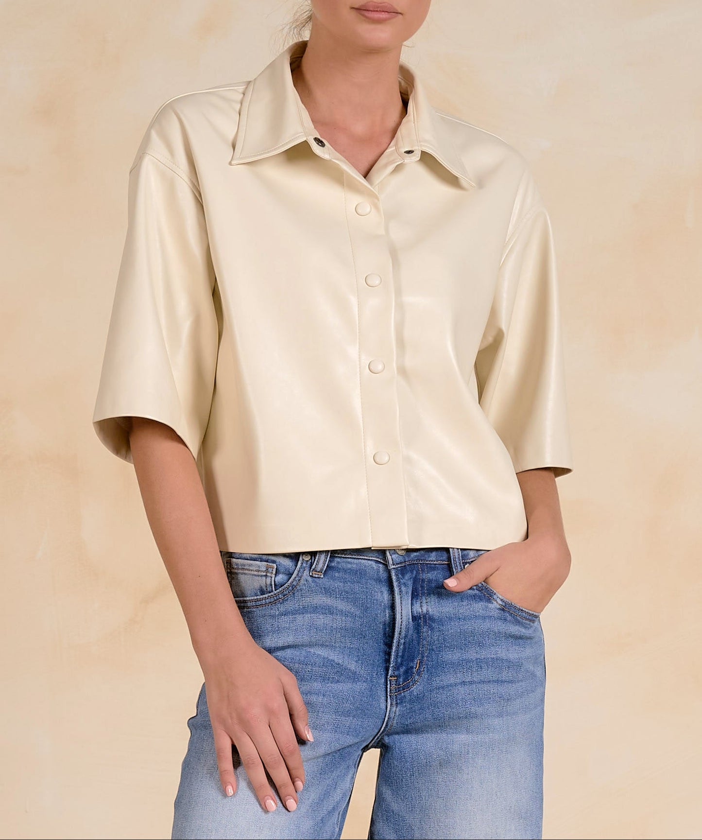 Elan Faux Leather 3/4 Sleeve Button Down Top - White