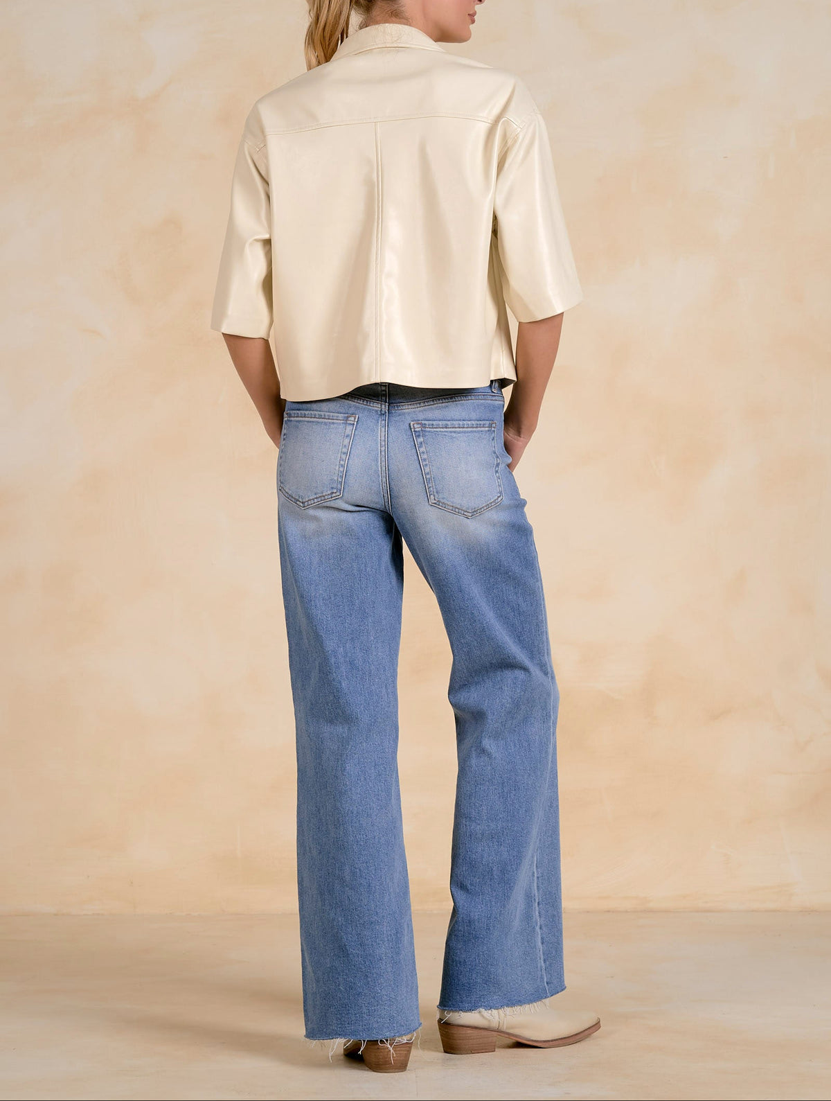 Elan Faux Leather 3/4 Sleeve Button Down Top - White