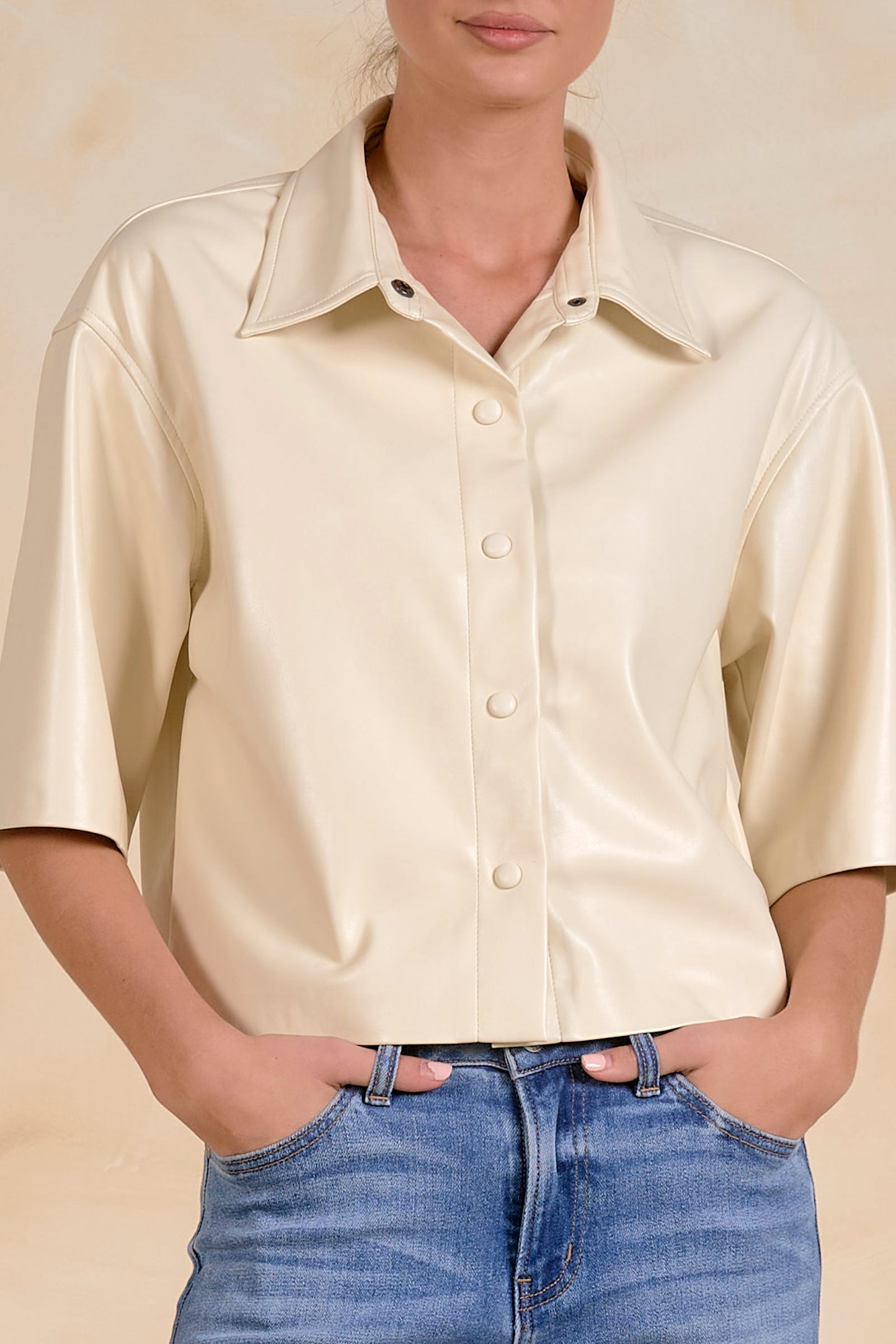Elan Faux Leather 3/4 Sleeve Button Down Top - White